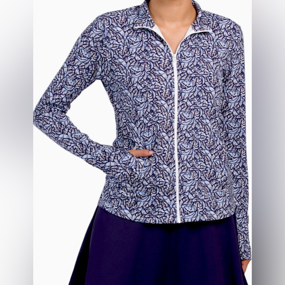 Tommy Bahama Golf Zip Front Jacket Top Navy Blue Leaf UPF 50 Quick Dry Medium